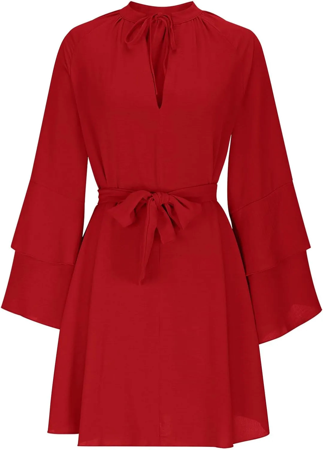 Womens Tie V Neck Casual Summer Loose Short Shirt Dress Flowy Tiered Ruffle Bell Long Sleeve Mini Dresses with Belt