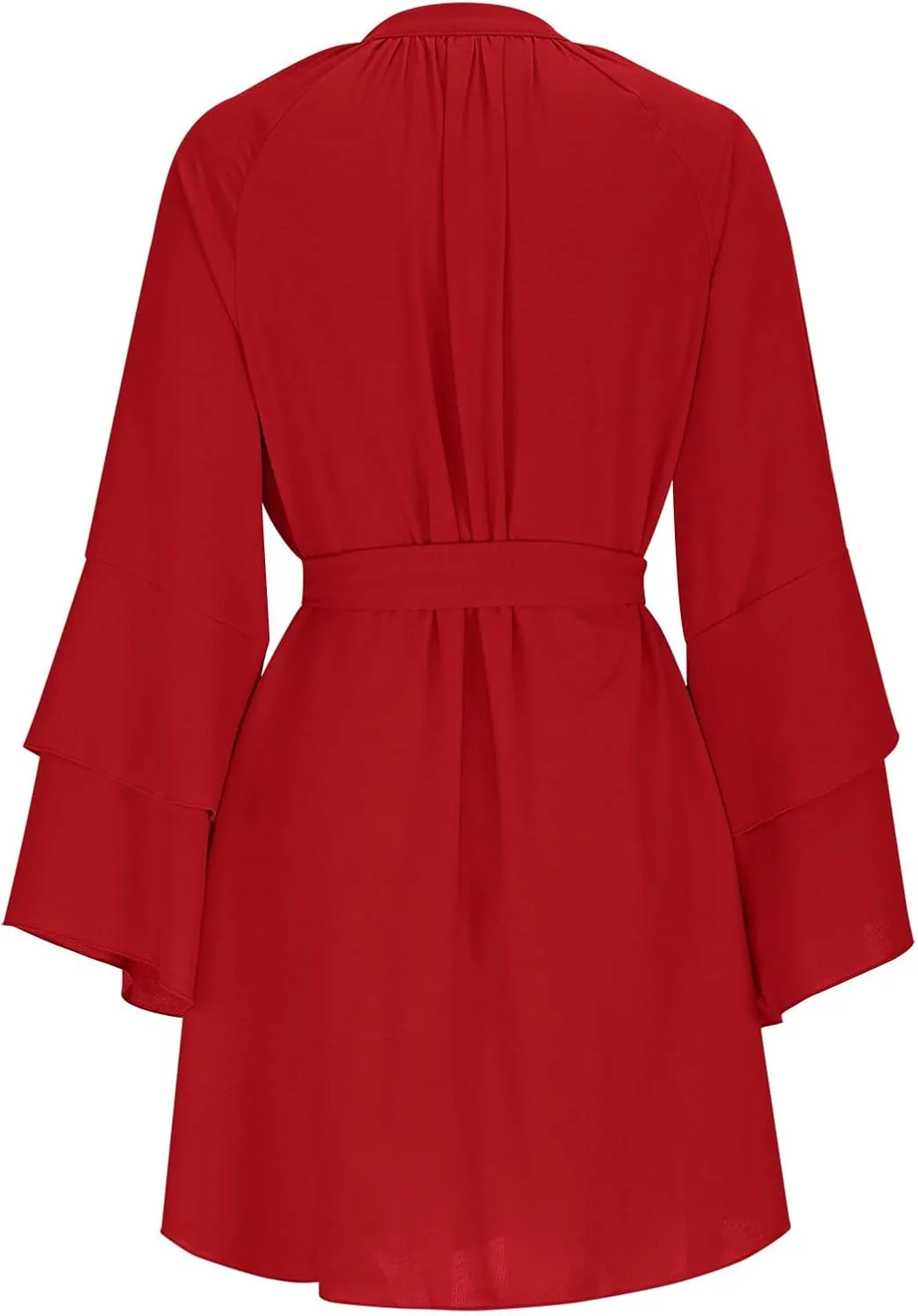 Womens Tie V Neck Casual Summer Loose Short Shirt Dress Flowy Tiered Ruffle Bell Long Sleeve Mini Dresses with Belt