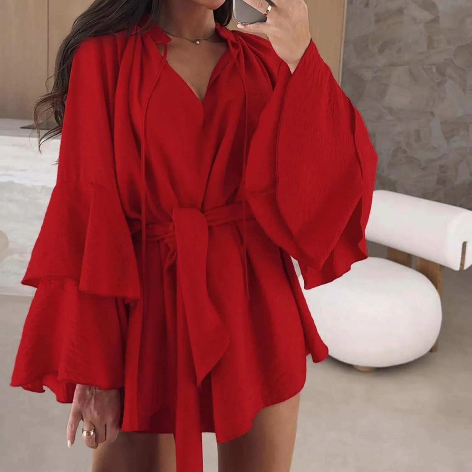 Womens Tie V Neck Casual Summer Loose Short Shirt Dress Flowy Tiered Ruffle Bell Long Sleeve Mini Dresses with Belt