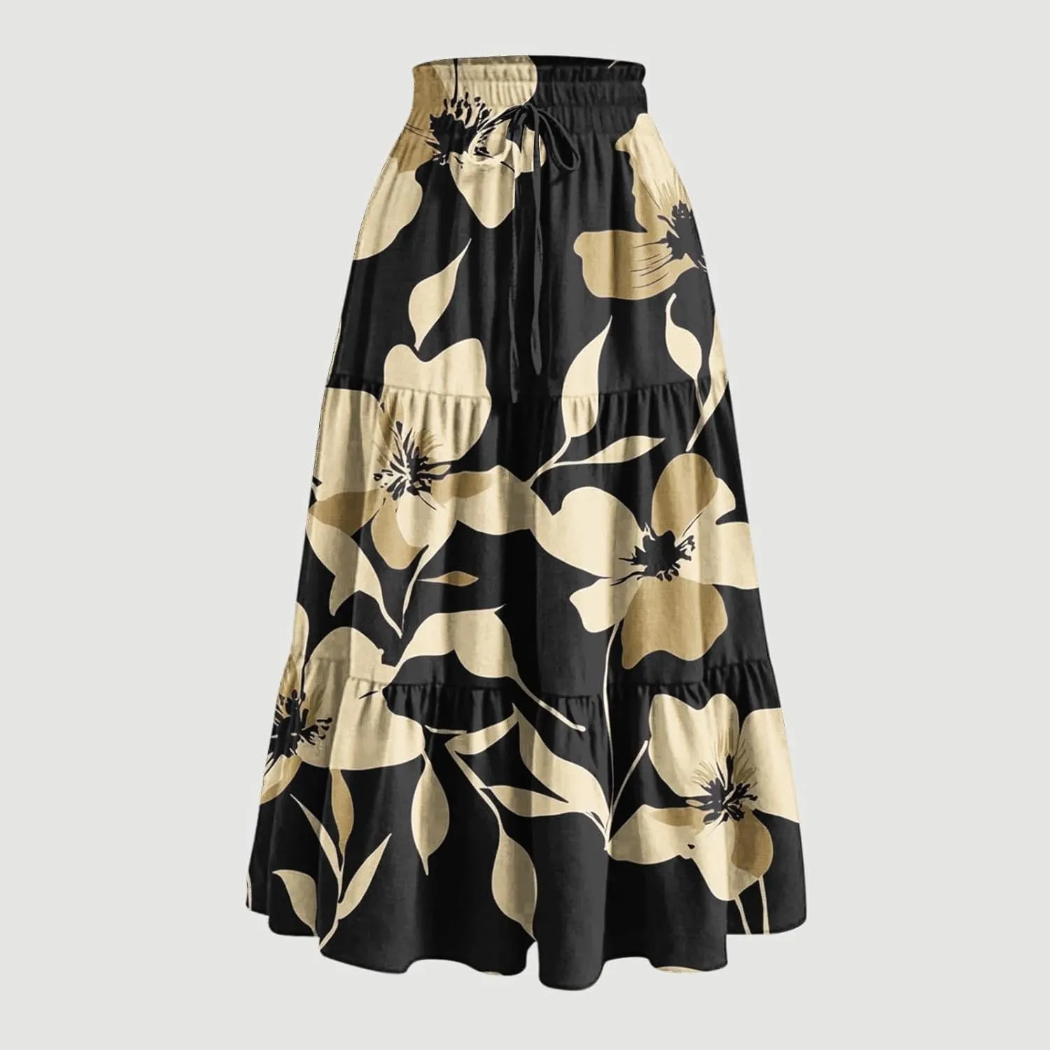 Womens Tiered Maxi Skirts Drawstring Elastic Waist Flowy Swing Long Skirt Summer Boho Beach Dress Trendy Clothes