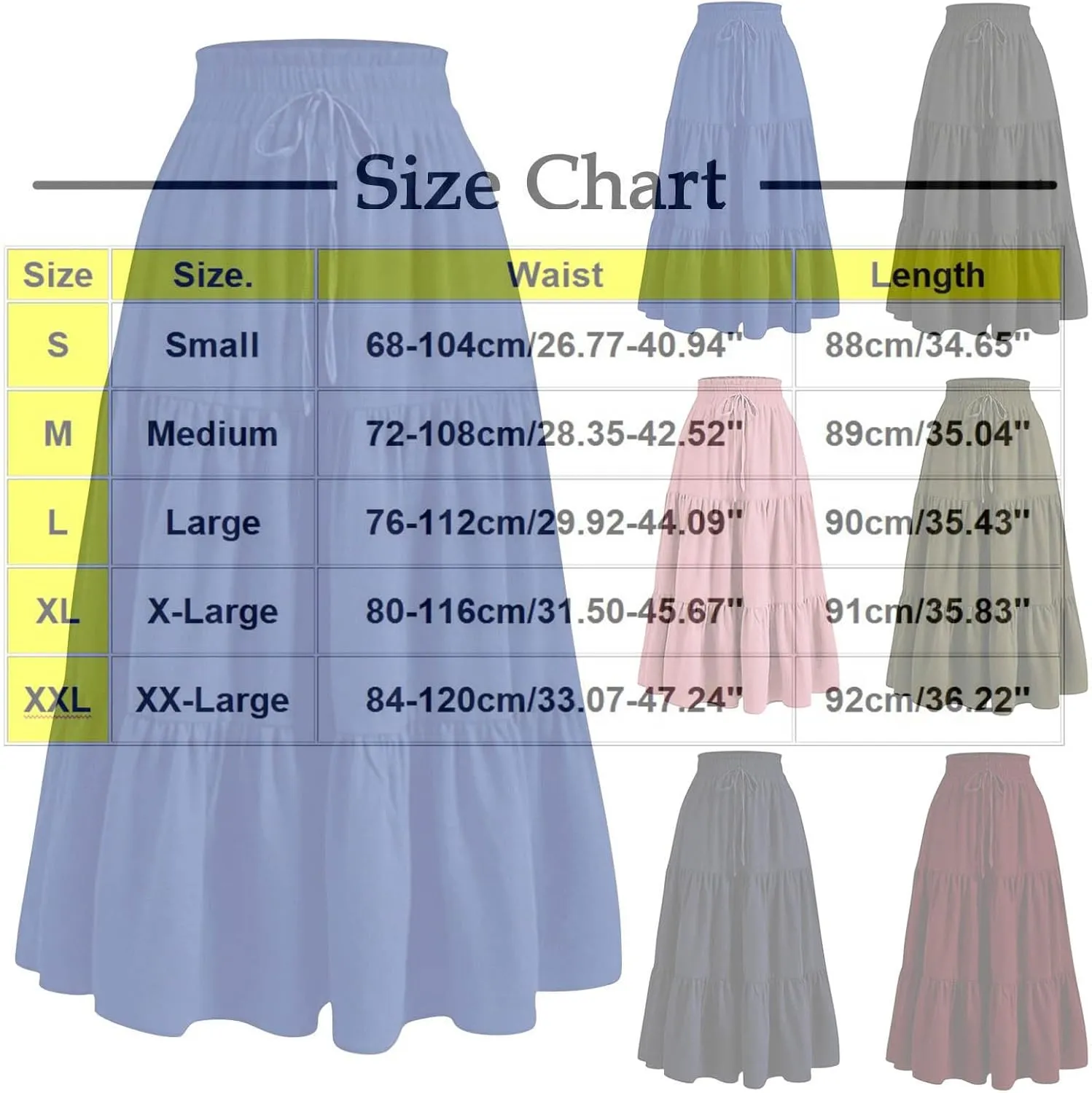 Womens Tiered Maxi Skirts Drawstring Elastic Waist Flowy Swing Long Skirt Summer Boho Beach Dress Trendy Clothes