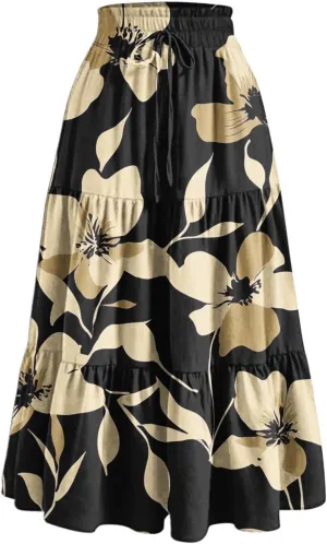 Womens Tiered Maxi Skirts Drawstring Elastic Waist Flowy Swing Long Skirt Summer Boho Beach Dress Trendy Clothes