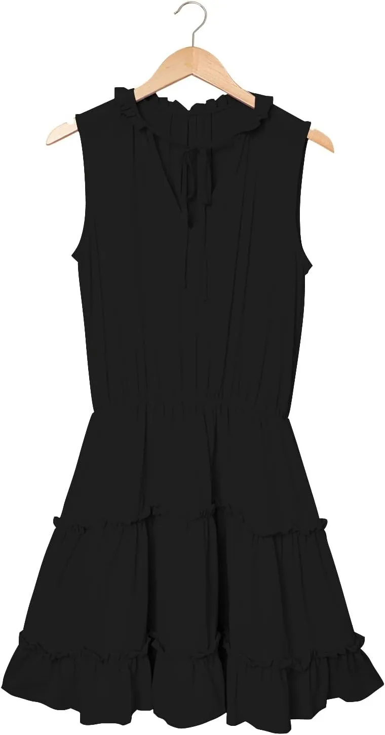 Womens Tiered Swing Mini Dress Casual A Line Summer Ruffle V Neck Tank Dresses Long Sleeve Evening Dress for