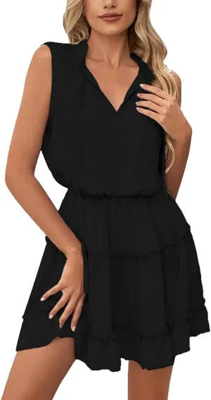 Womens Tiered Swing Mini Dress Casual A Line Summer Ruffle V Neck Tank Dresses Long Sleeve Evening Dress for