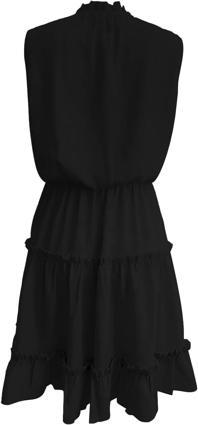 Womens Tiered Swing Mini Dress Casual A Line Summer Ruffle V Neck Tank Dresses Long Sleeve Evening Dress for