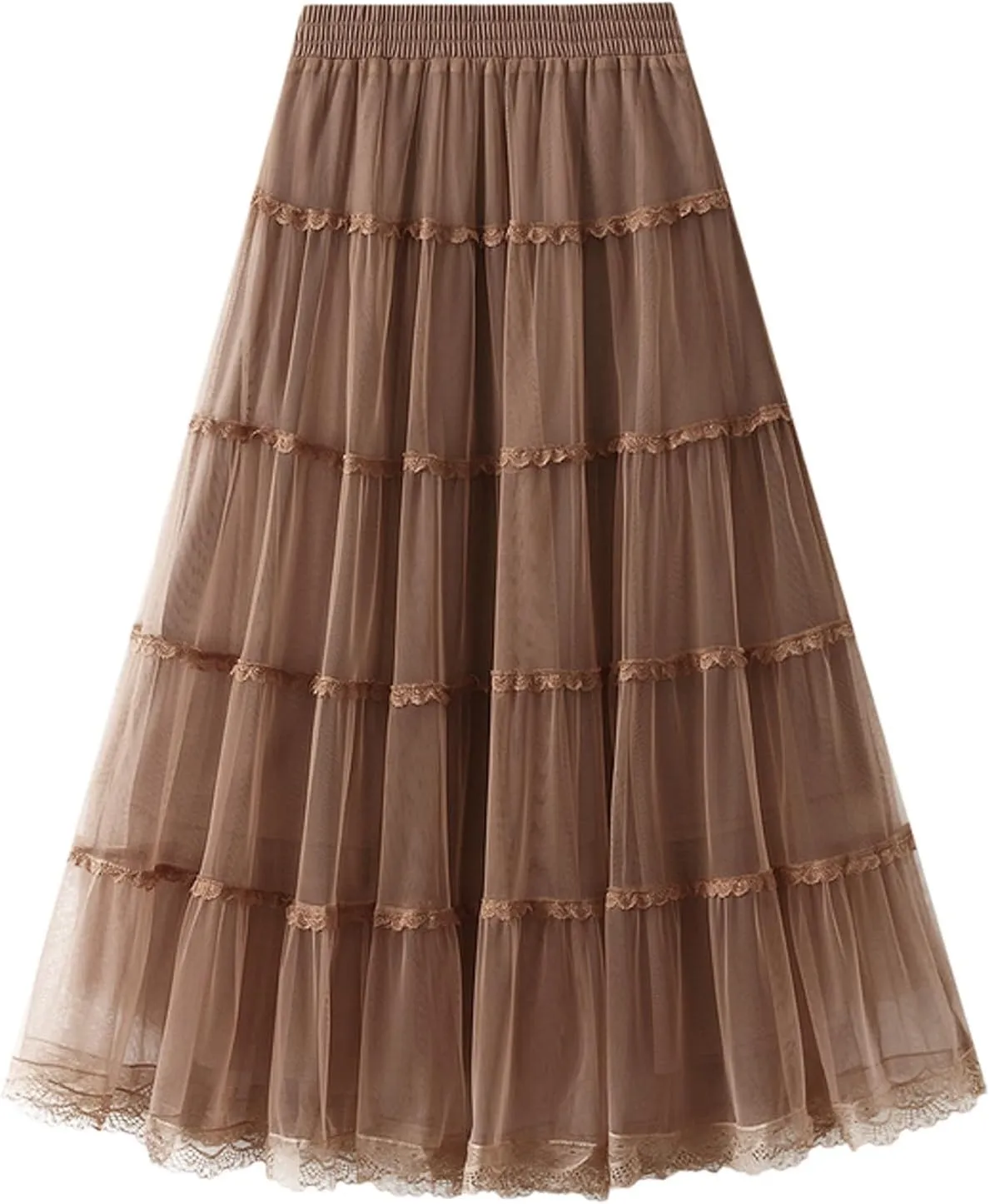 Womens Tulle Midi Skirt Dance Party A Line Elastic High Waisted Lace Skirt Mesh Puffy Long Maxi Skirt Holiday Skirts