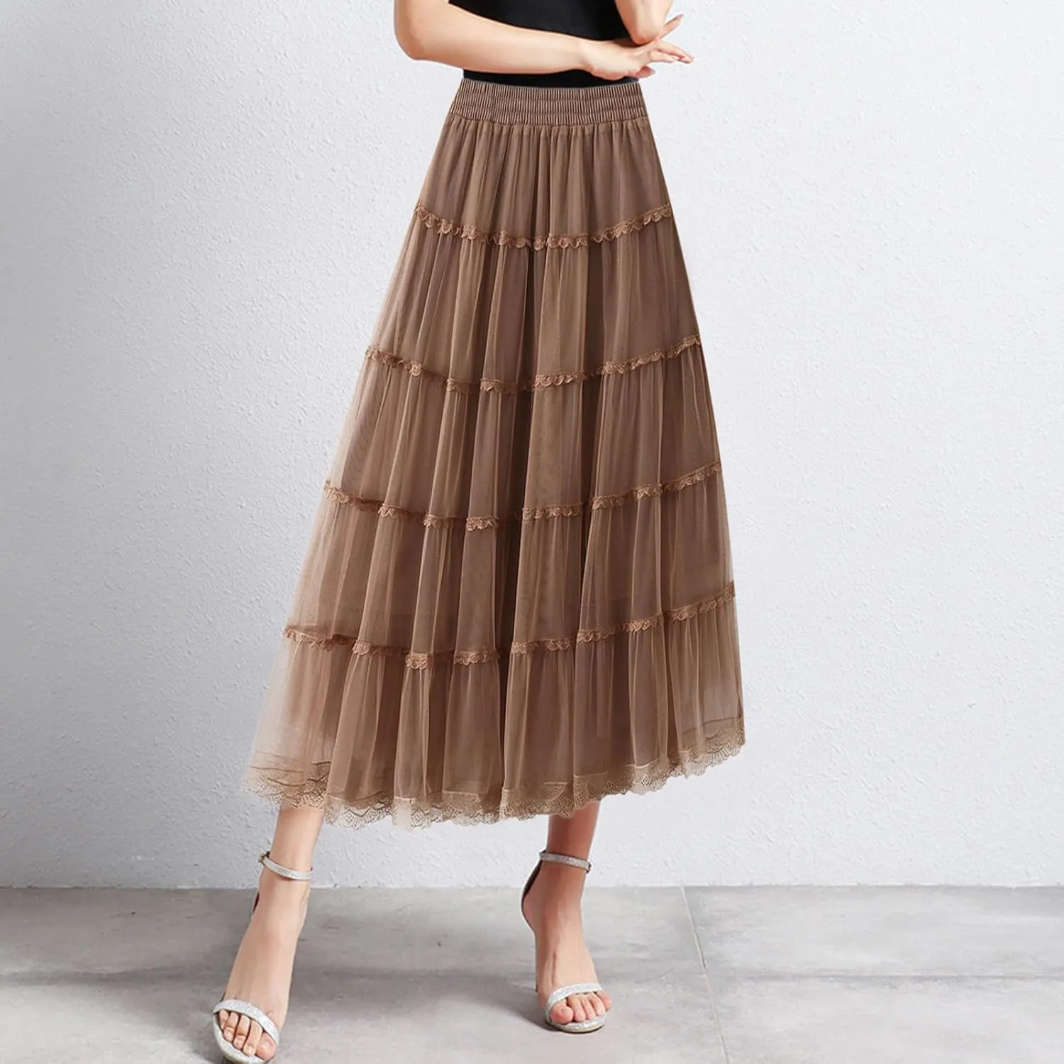 Womens Tulle Midi Skirt Dance Party A Line Elastic High Waisted Lace Skirt Mesh Puffy Long Maxi Skirt Holiday Skirts