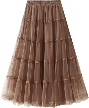 Womens Tulle Midi Skirt Dance Party A Line Elastic High Waisted Lace Skirt Mesh Puffy Long Maxi Skirt Holiday Skirts
