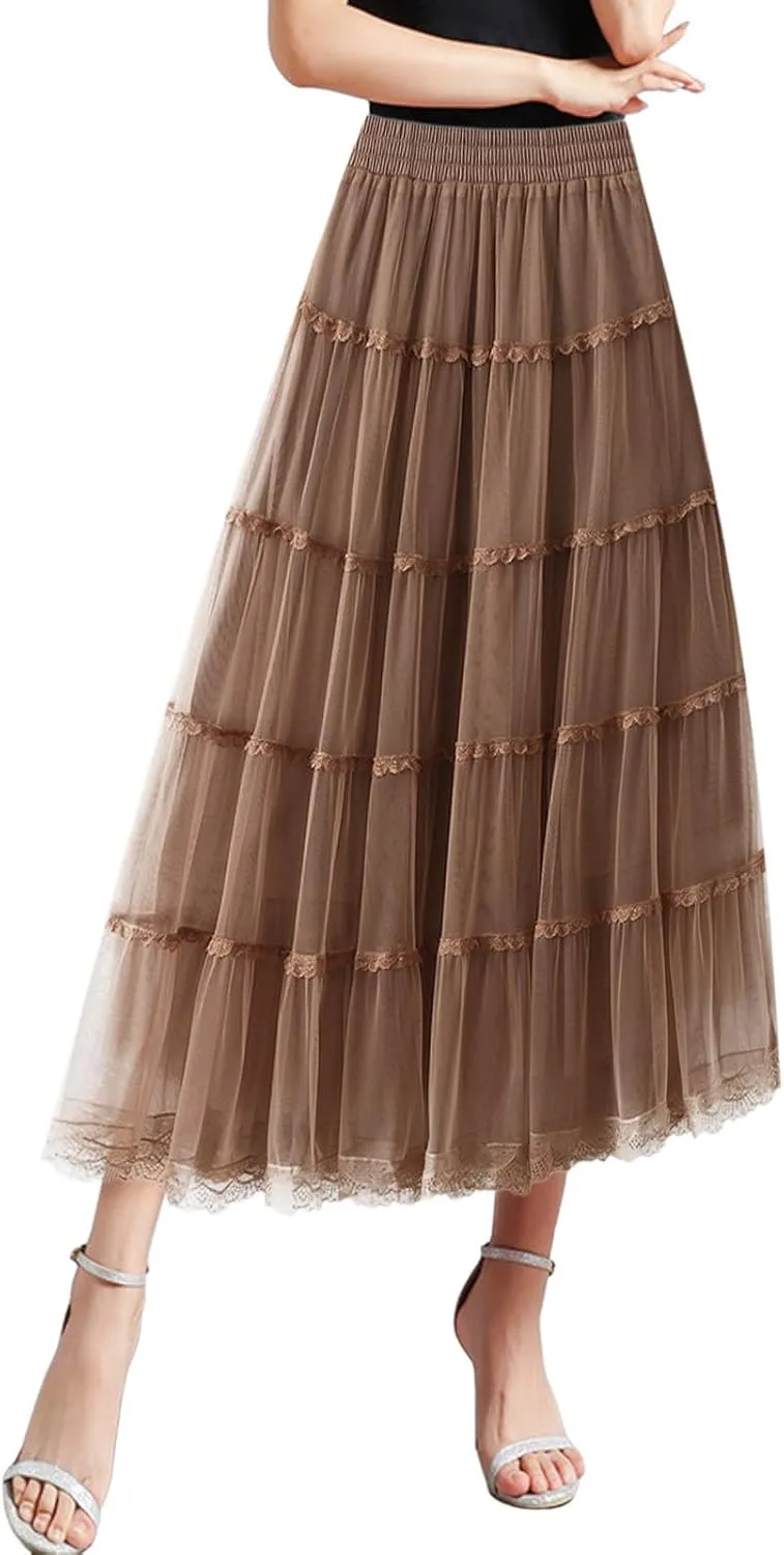 Womens Tulle Midi Skirt Dance Party A Line Elastic High Waisted Lace Skirt Mesh Puffy Long Maxi Skirt Holiday Skirts