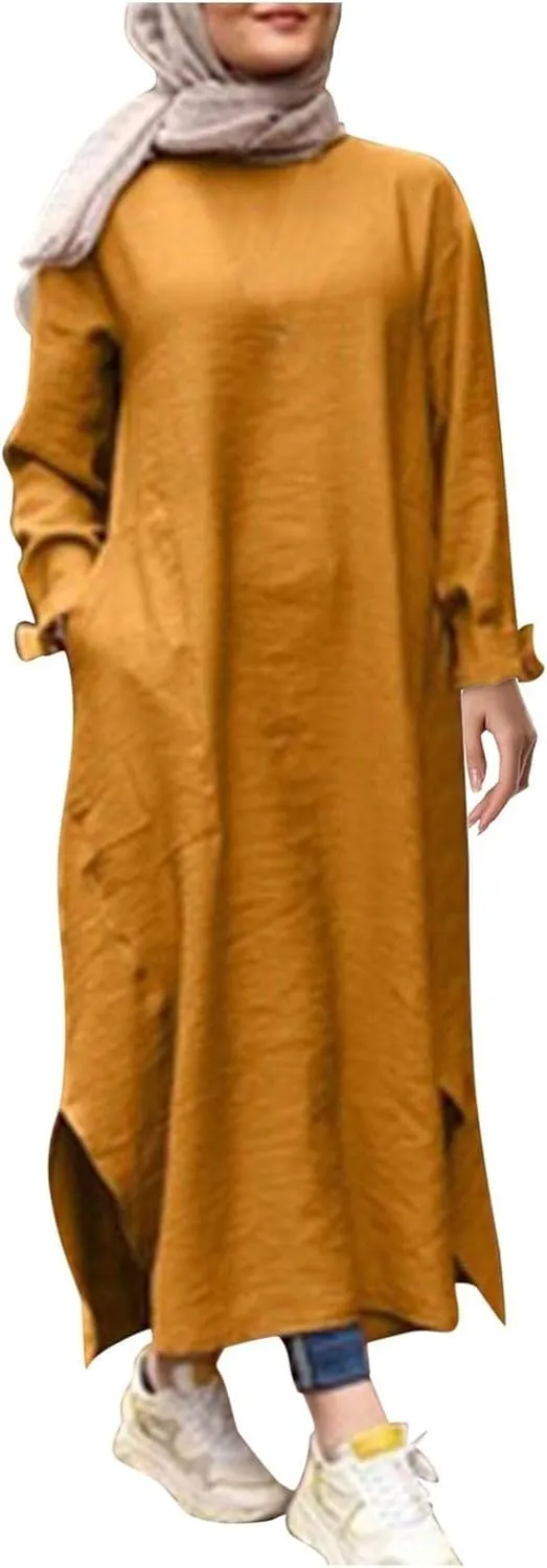 Women's Vacation Dresses 2025 Summer Casual Trendy Loose Long Sleeve Round Neck Solid Maxi Muslim Dress, S-XL