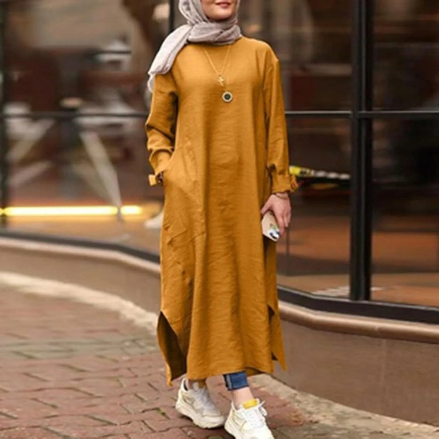 Women's Vacation Dresses 2025 Summer Casual Trendy Loose Long Sleeve Round Neck Solid Maxi Muslim Dress, S-XL