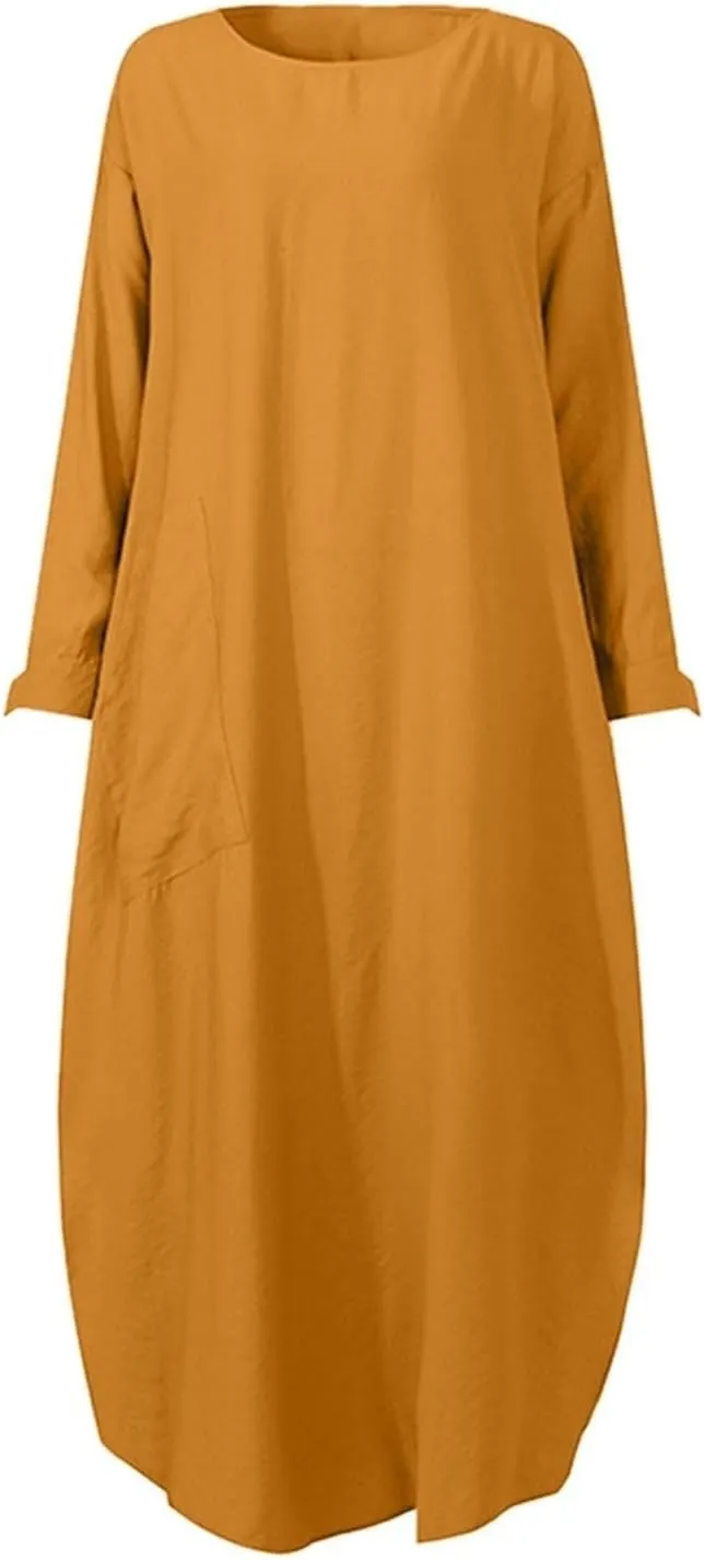 Women's Vacation Dresses 2025 Summer Casual Trendy Loose Long Sleeve Round Neck Solid Maxi Muslim Dress, S-XL