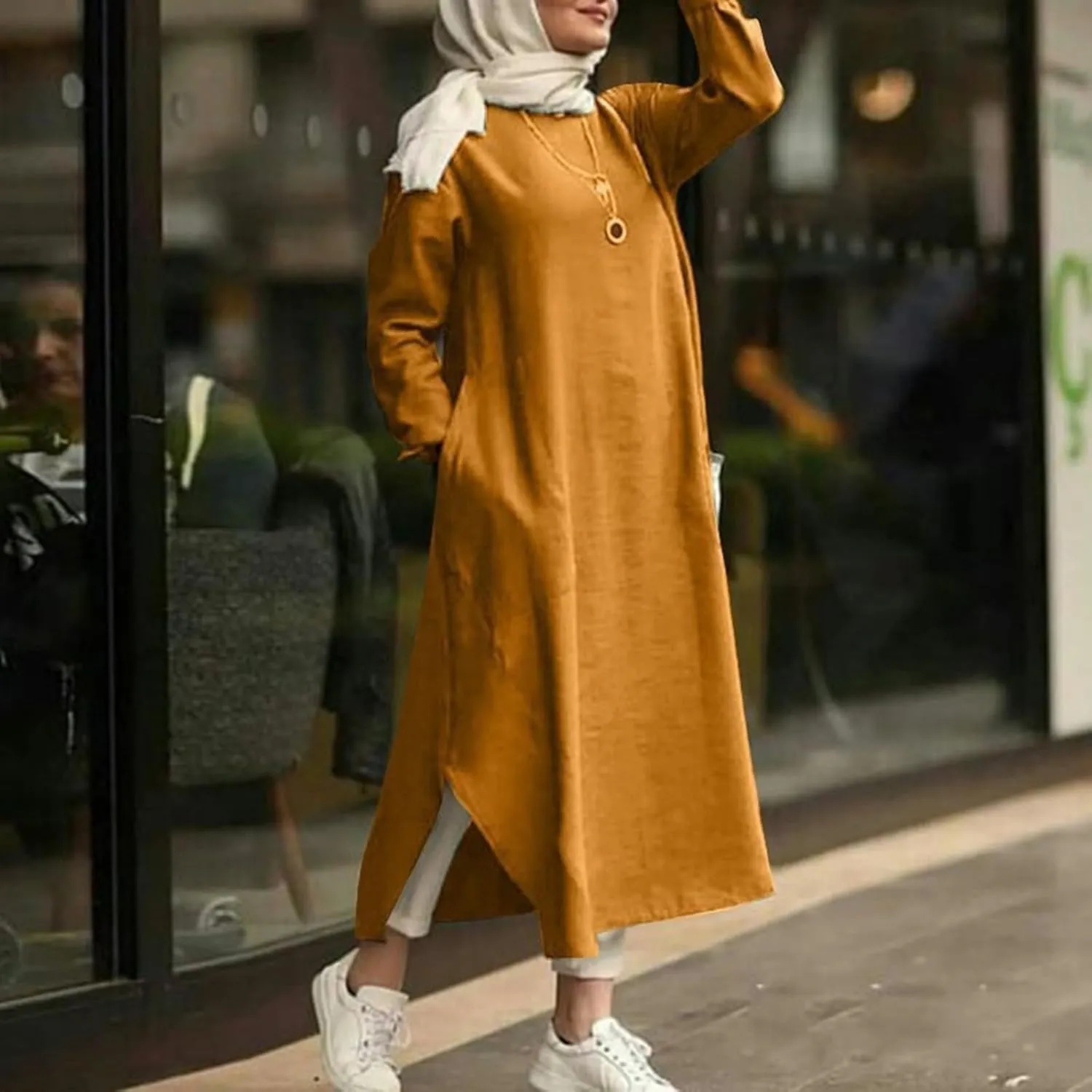 Women's Vacation Dresses 2025 Summer Casual Trendy Loose Long Sleeve Round Neck Solid Maxi Muslim Dress, S-XL