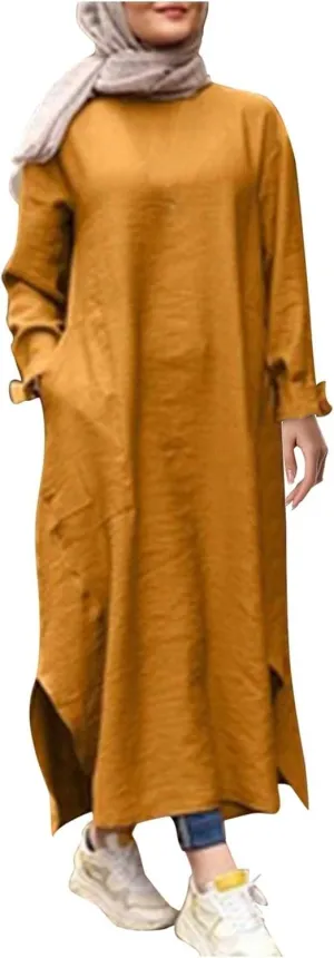 Women's Vacation Dresses 2025 Summer Casual Trendy Loose Long Sleeve Round Neck Solid Maxi Muslim Dress, S-XL