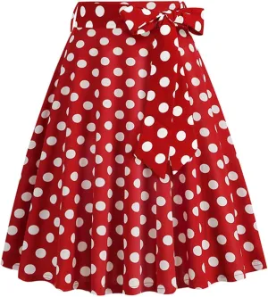 Women's Vintage Bow Skirts Polka Dot Prom Party Skirt High Waist A-Line Pleated Knee Length Midi Skirts