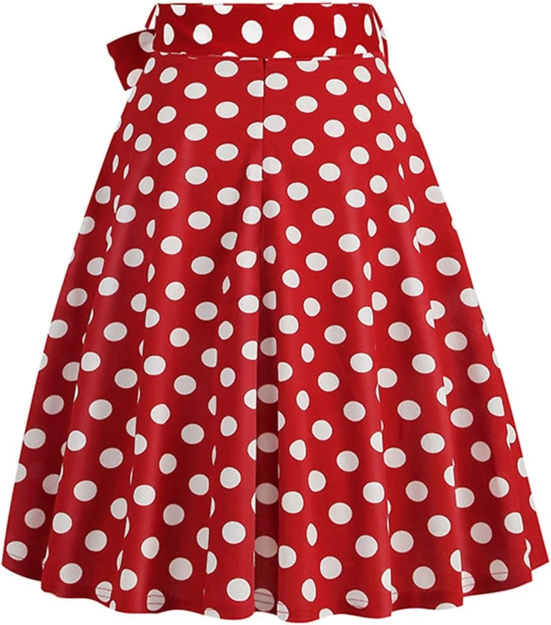 Women's Vintage Bow Skirts Polka Dot Prom Party Skirt High Waist A-Line Pleated Knee Length Midi Skirts