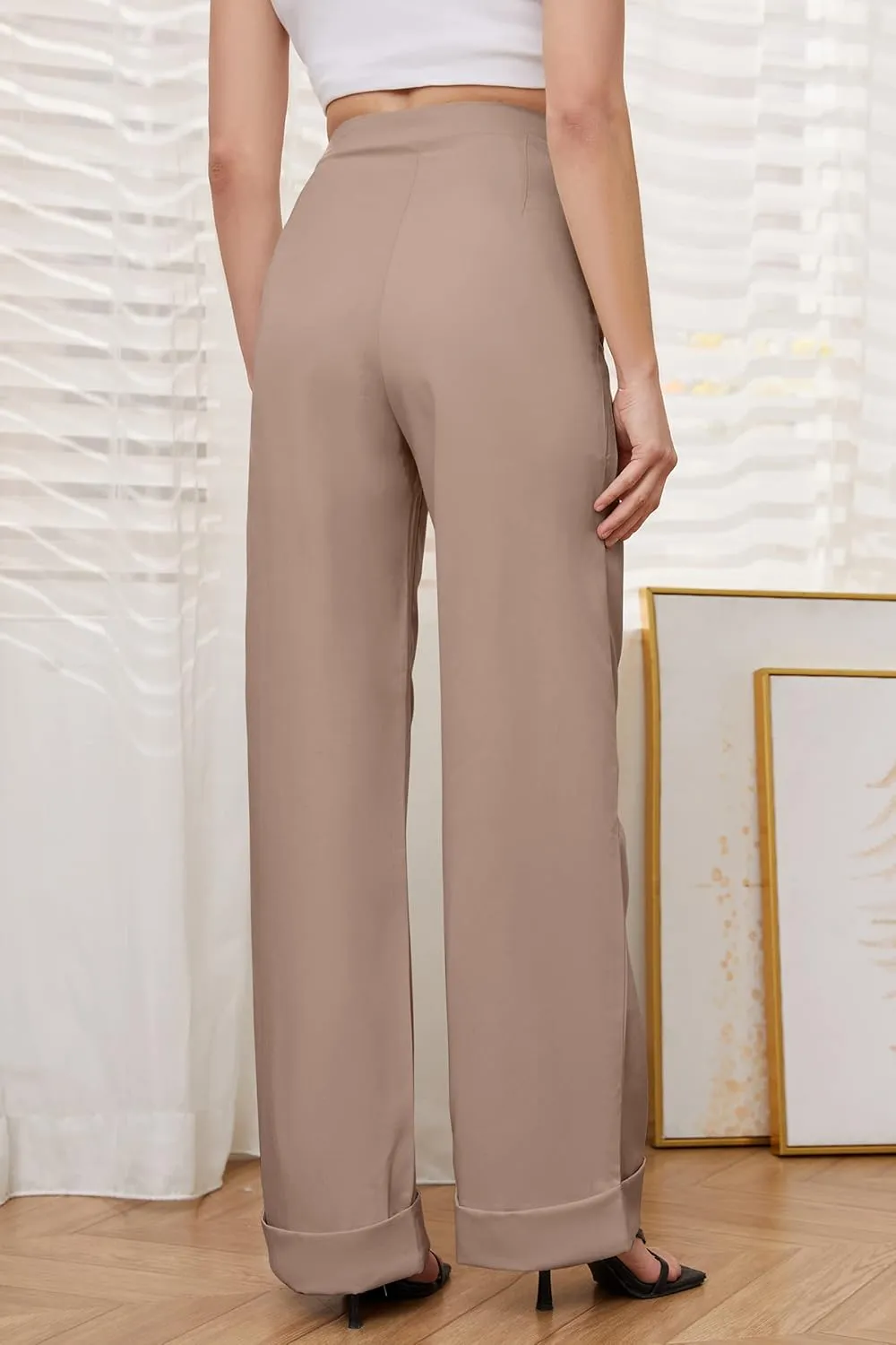 Womens Wide Leg Trousers Pants High Waisted Black Business Work Straight Leg Long Pants