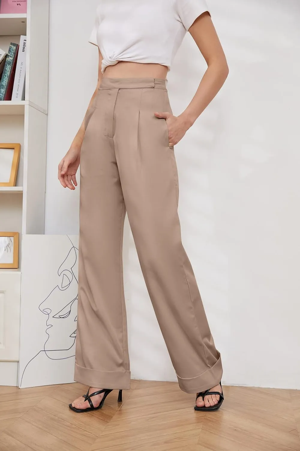 Womens Wide Leg Trousers Pants High Waisted Black Business Work Straight Leg Long Pants