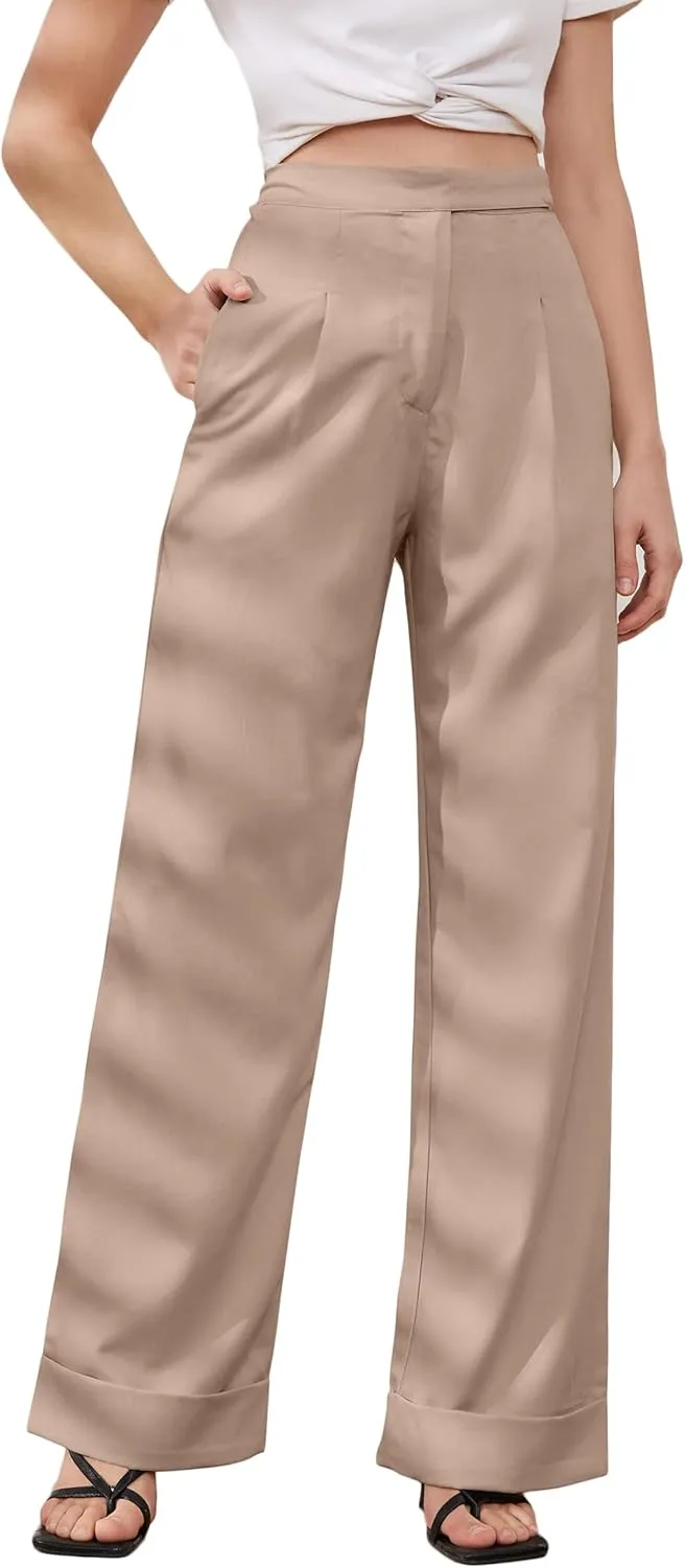 Womens Wide Leg Trousers Pants High Waisted Black Business Work Straight Leg Long Pants