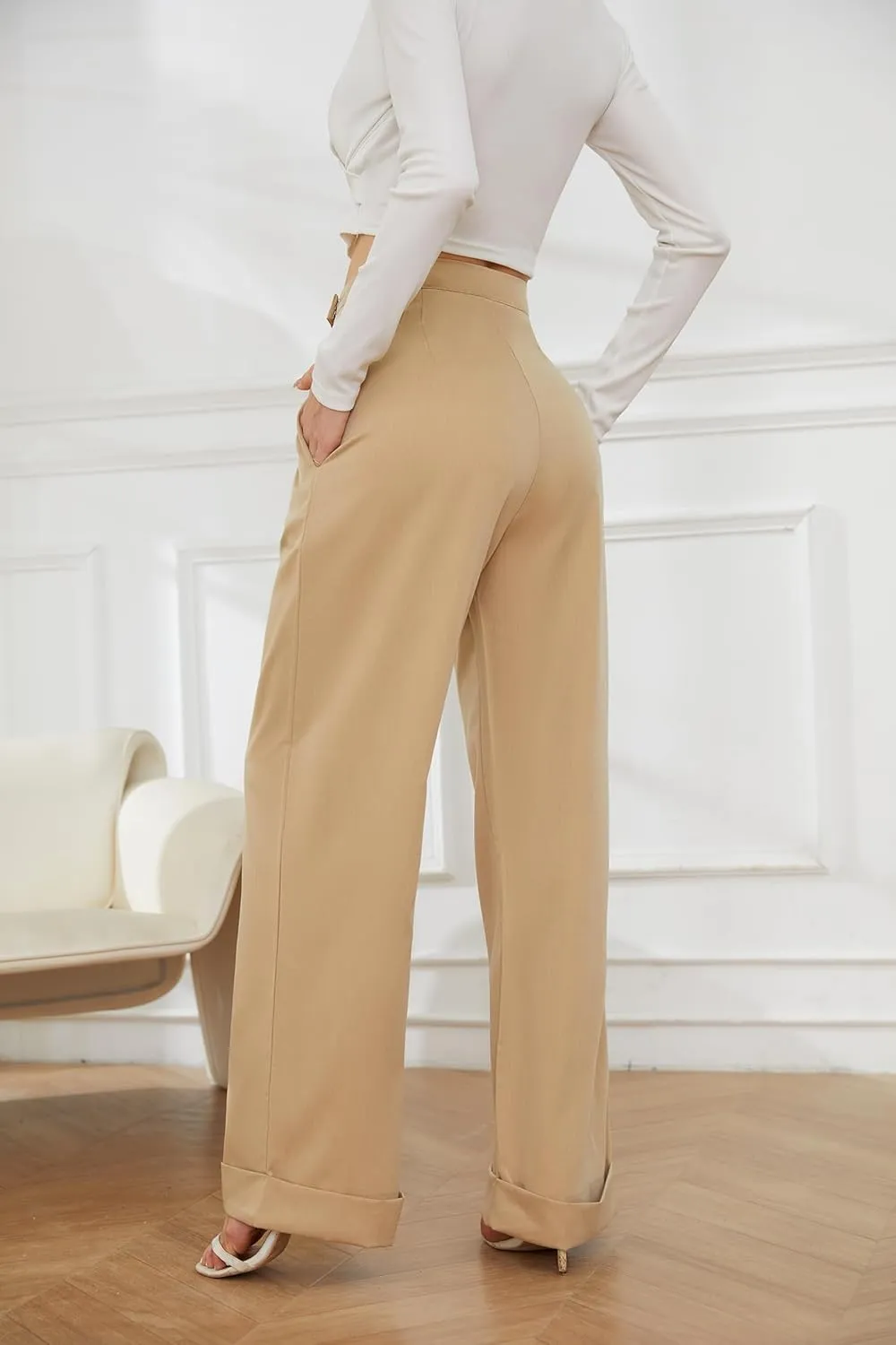 Womens Wide Leg Trousers Pants High Waisted Black Business Work Straight Leg Long Pants