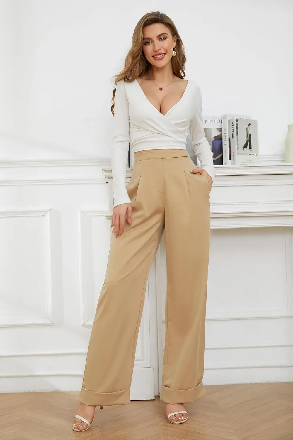 Womens Wide Leg Trousers Pants High Waisted Black Business Work Straight Leg Long Pants