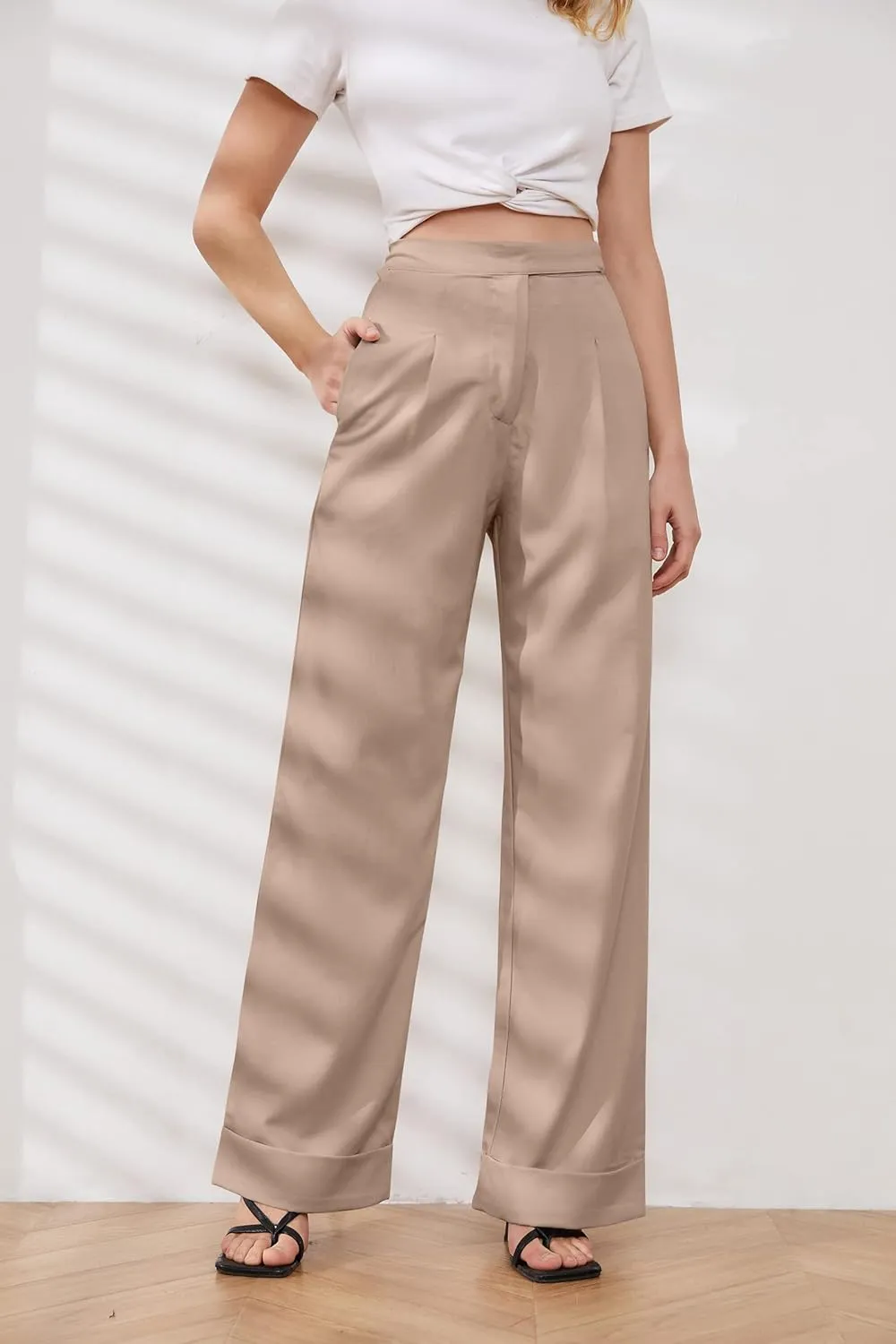 Womens Wide Leg Trousers Pants High Waisted Black Business Work Straight Leg Long Pants