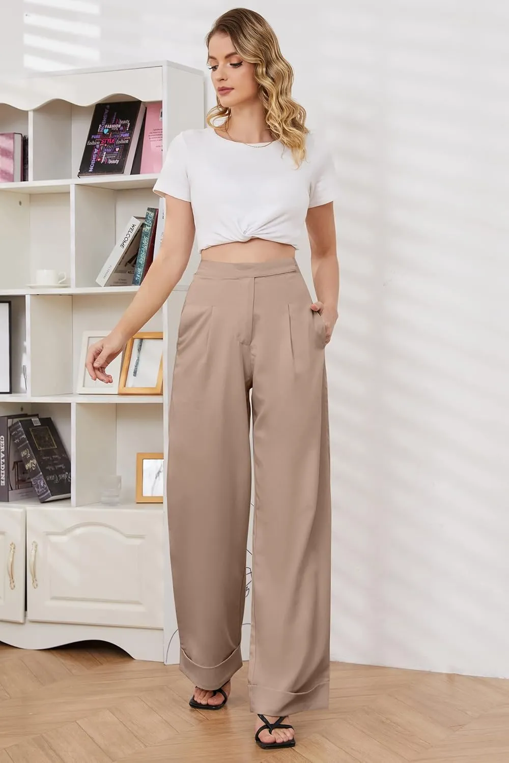 Womens Wide Leg Trousers Pants High Waisted Black Business Work Straight Leg Long Pants