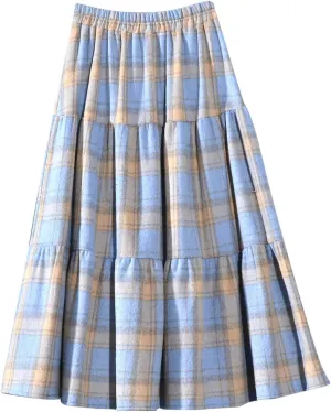 Women's Woolen Midi Skirts Vintage Plaid Elastic High Waist Pleated A-line Tartan Skirt Knee Length Pencil Skirt