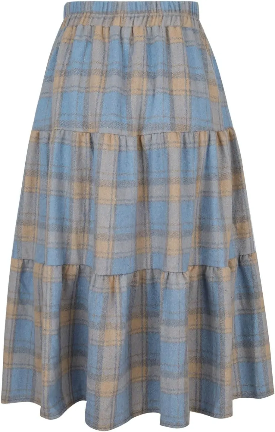 Women's Woolen Midi Skirts Vintage Plaid Elastic High Waist Pleated A-line Tartan Skirt Knee Length Pencil Skirt
