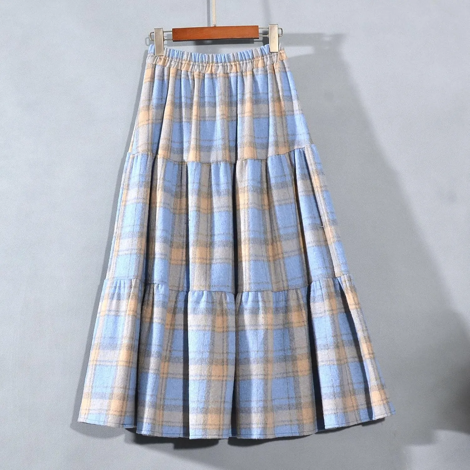 Women's Woolen Midi Skirts Vintage Plaid Elastic High Waist Pleated A-line Tartan Skirt Knee Length Pencil Skirt