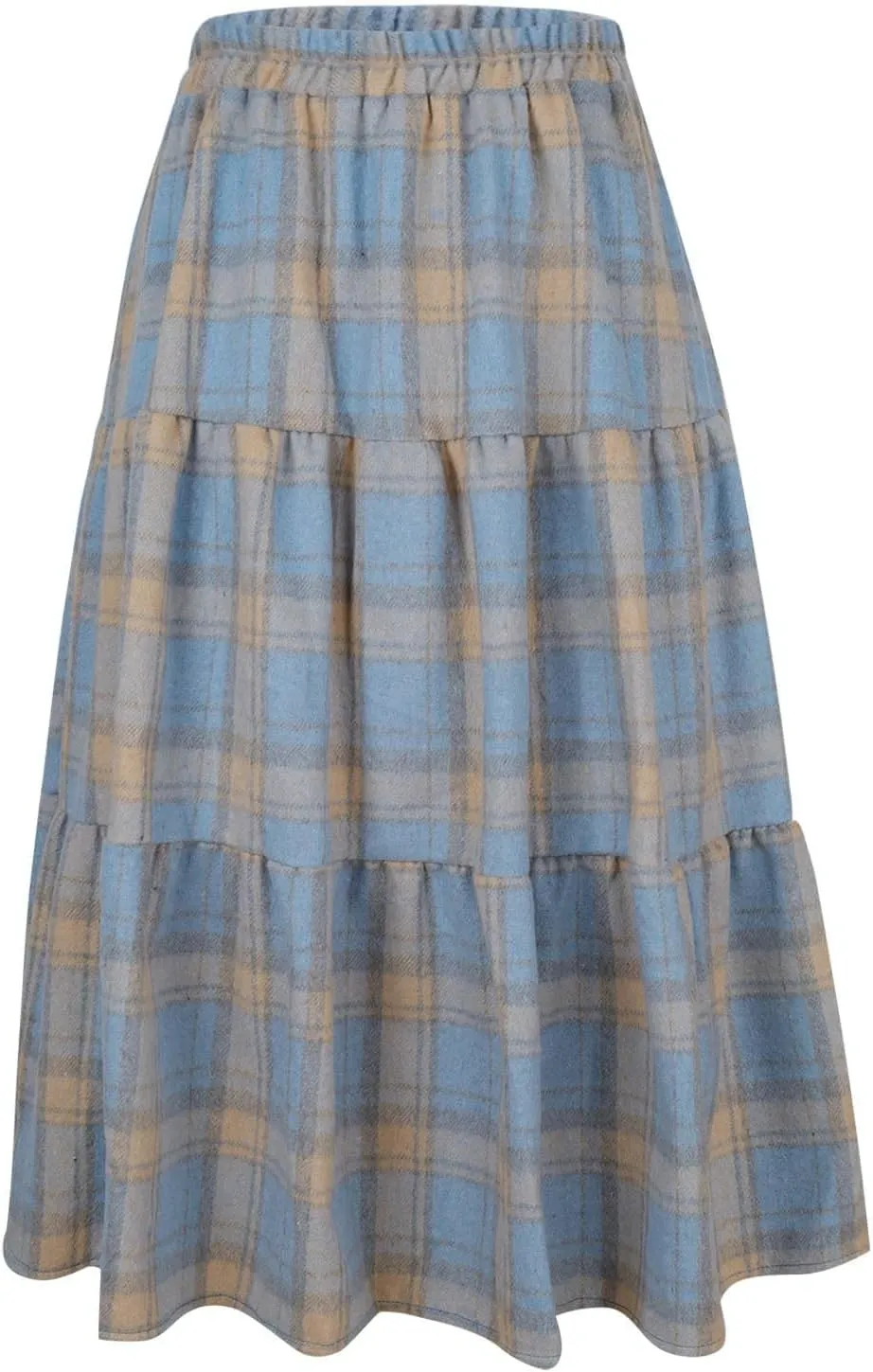 Women's Woolen Midi Skirts Vintage Plaid Elastic High Waist Pleated A-line Tartan Skirt Knee Length Pencil Skirt