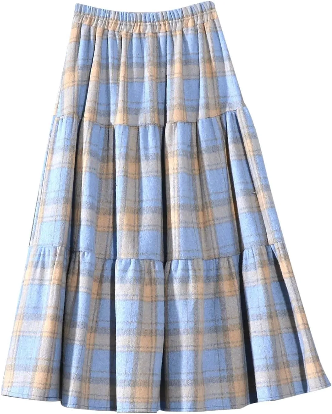 Women's Woolen Midi Skirts Vintage Plaid Elastic High Waist Pleated A-line Tartan Skirt Knee Length Pencil Skirt