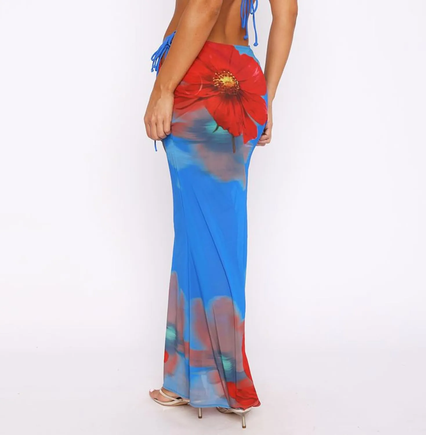 Women's Y2K Sheer Mesh Long Maxi Skirts Mid Waisted Cover Up See-Through Summer Skirts Beach Flowy Tulle Skirts