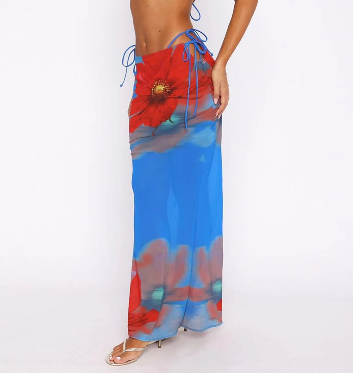 Women's Y2K Sheer Mesh Long Maxi Skirts Mid Waisted Cover Up See-Through Summer Skirts Beach Flowy Tulle Skirts