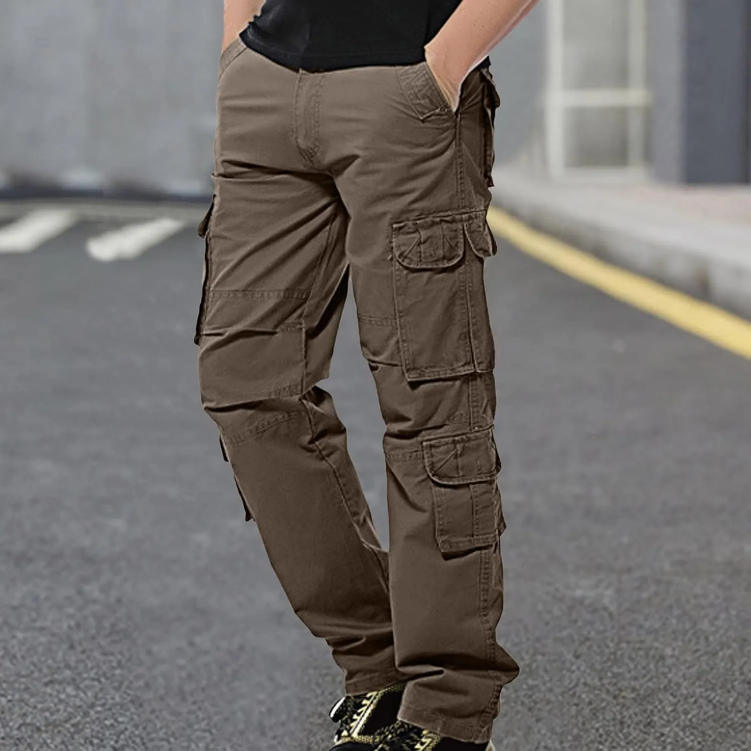 Work Pants for Men Solid Multi-Pocket Mid-Rise Zipper Comfort Stretch High Waist Slim Casual Straight Trousers
