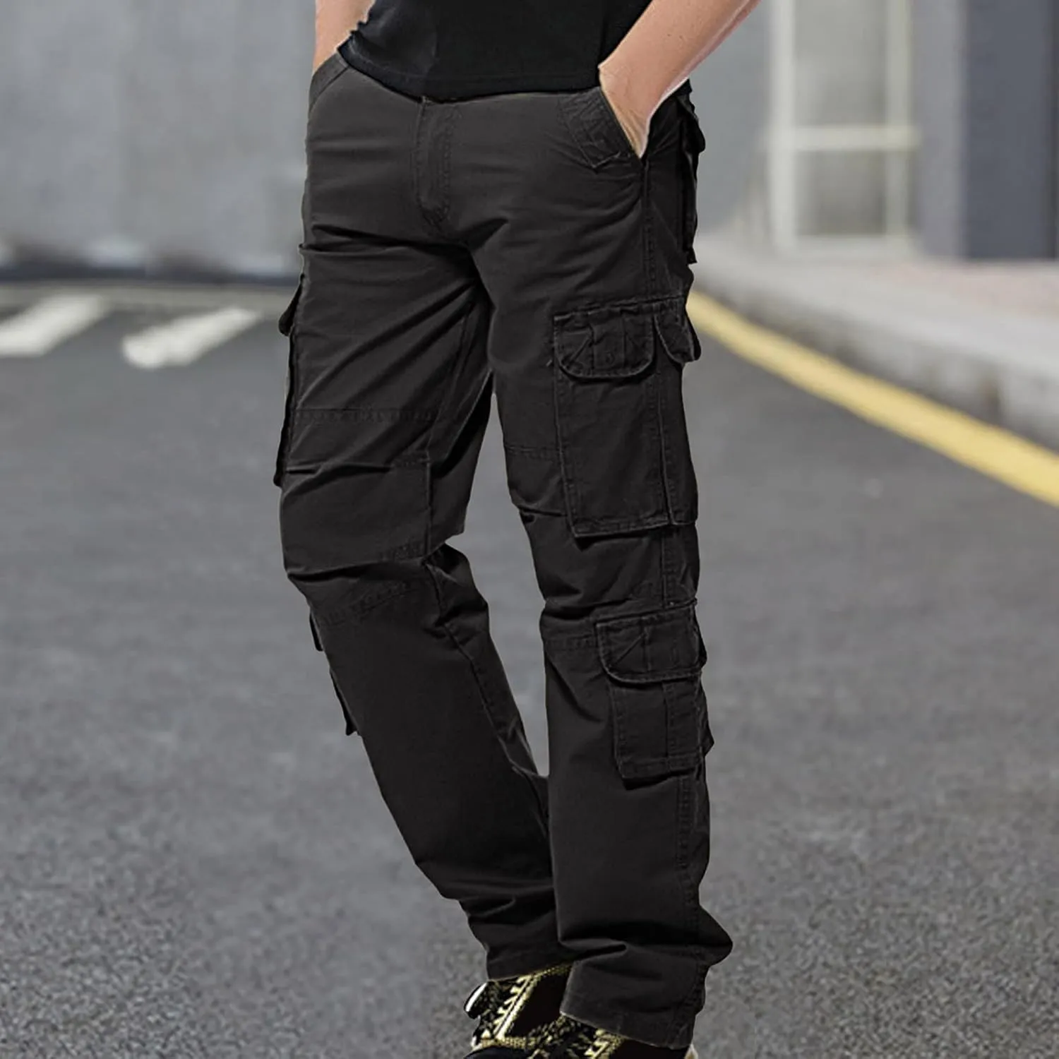 Work Pants for Men Solid Multi-Pocket Mid-Rise Zipper Comfort Stretch High Waist Slim Casual Straight Trousers