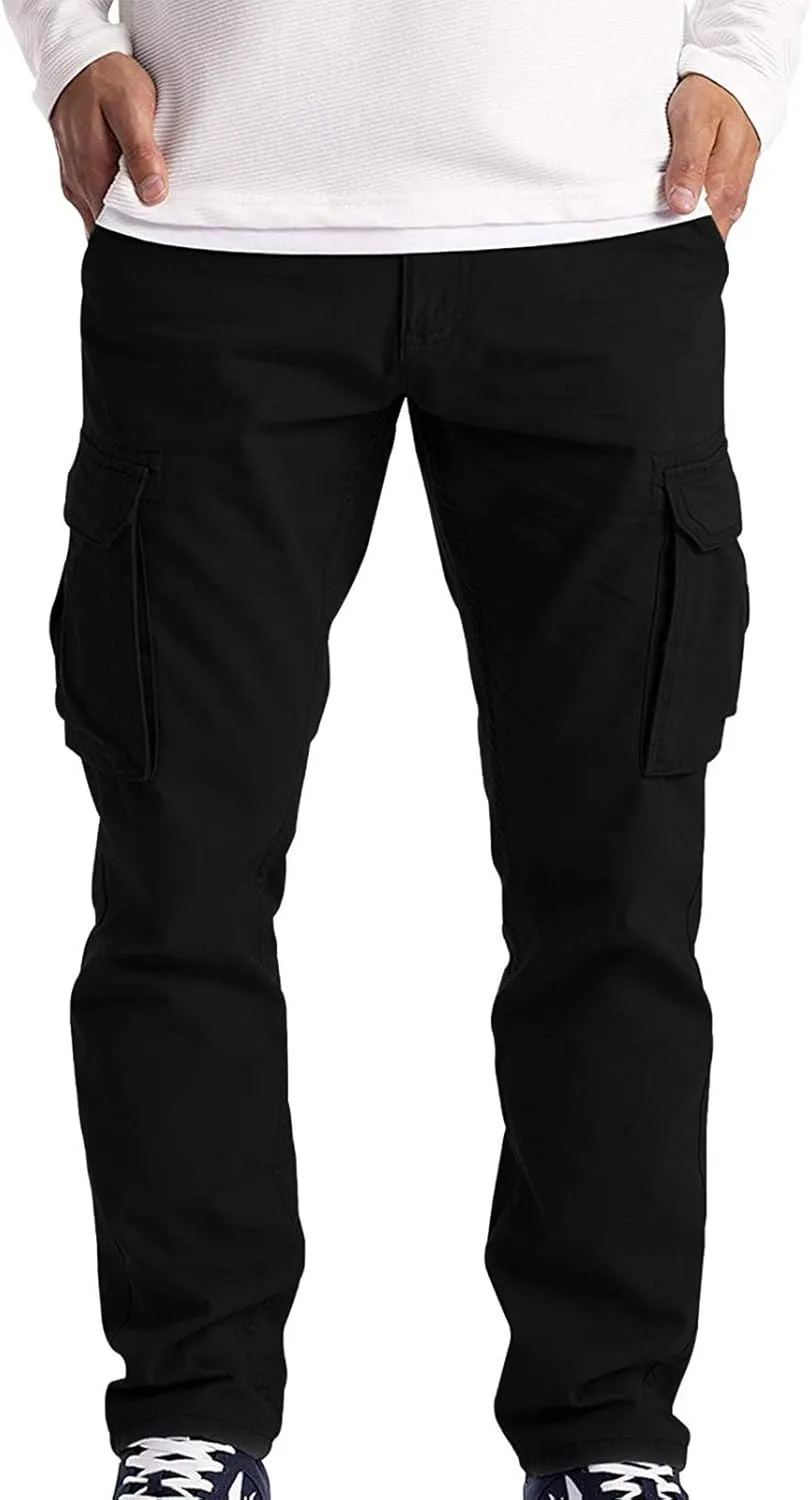 Work Pants for Men Solid Multi-Pocket Mid-Rise Zipper Comfort Stretch High Waist Slim Casual Straight Trousers