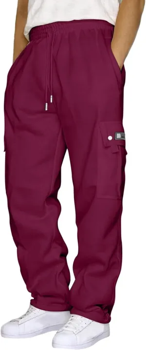 Work Pants for Men Solid Multi-Pocket Mid-Rise Zipper Comfort Stretch High Waist Slim Casual Straight Trousers