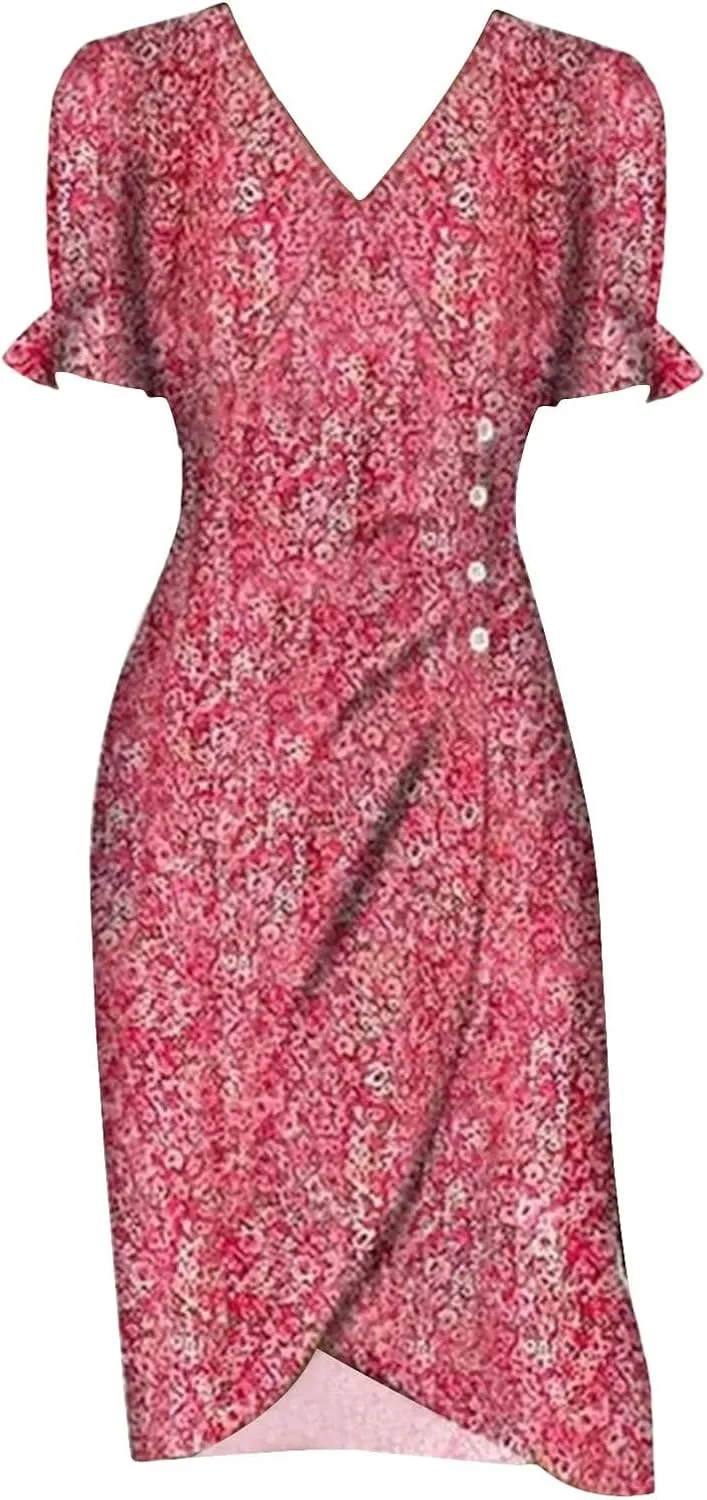 Wrap Dresses for Women 2025 Plus Size Floral Print Short Sleeve V Neck Midi Dress Summer Casual Elegant Sundresses