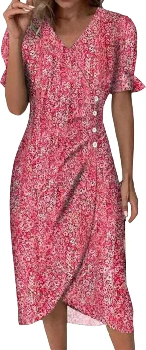 Wrap Dresses for Women 2025 Plus Size Floral Print Short Sleeve V Neck Midi Dress Summer Casual Elegant Sundresses