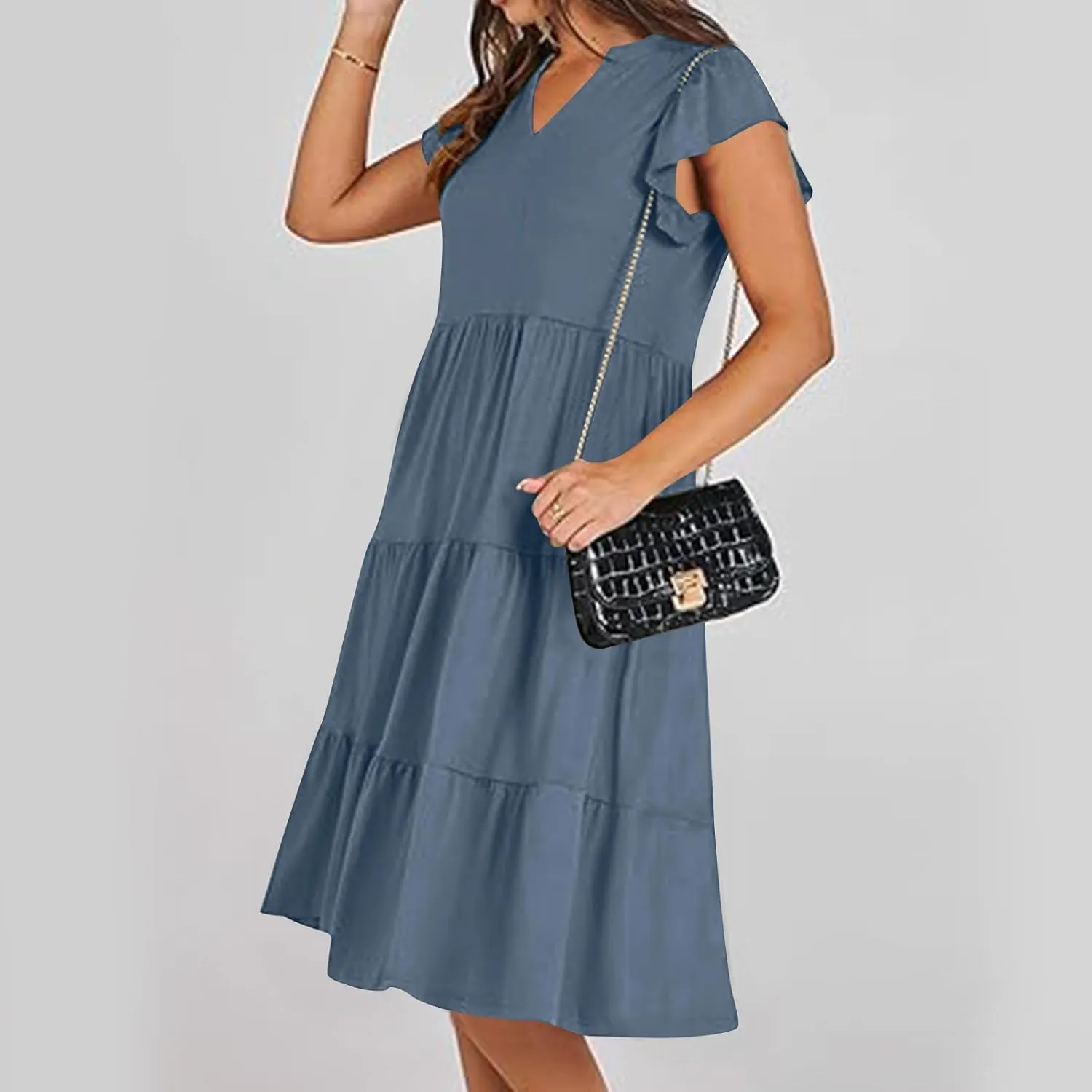 yardsong Summer Dresses for Women 2025 Trendy Ruffle Sleeve V Neck Midi Dress Casual Flowy Tiered Boho Vacation Sundresses