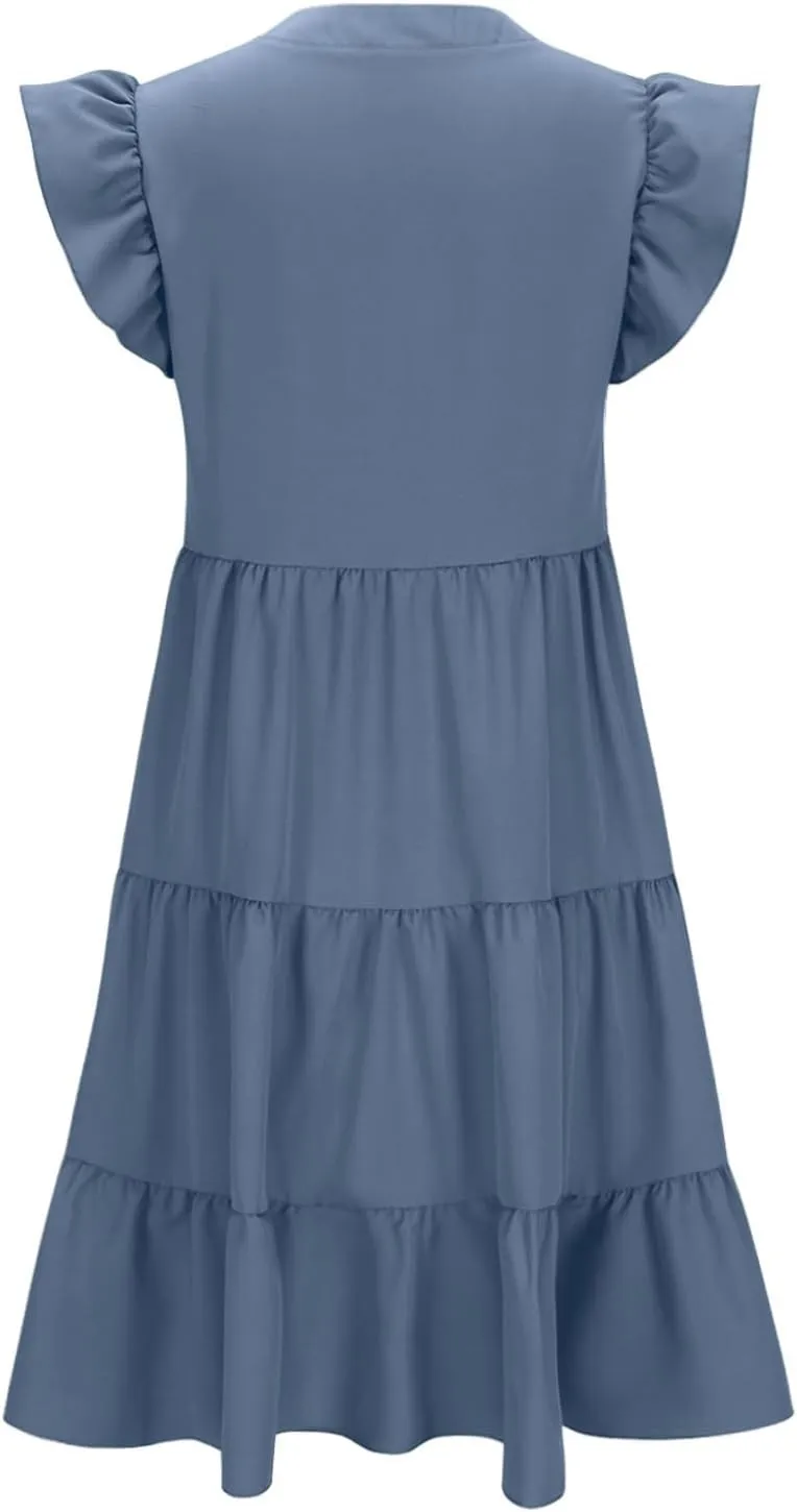 yardsong Summer Dresses for Women 2025 Trendy Ruffle Sleeve V Neck Midi Dress Casual Flowy Tiered Boho Vacation Sundresses