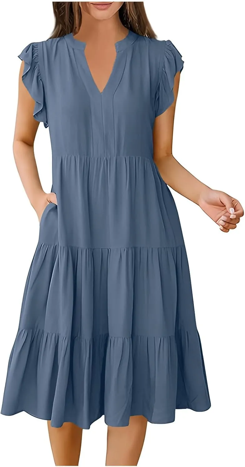 yardsong Summer Dresses for Women 2025 Trendy Ruffle Sleeve V Neck Midi Dress Casual Flowy Tiered Boho Vacation Sundresses