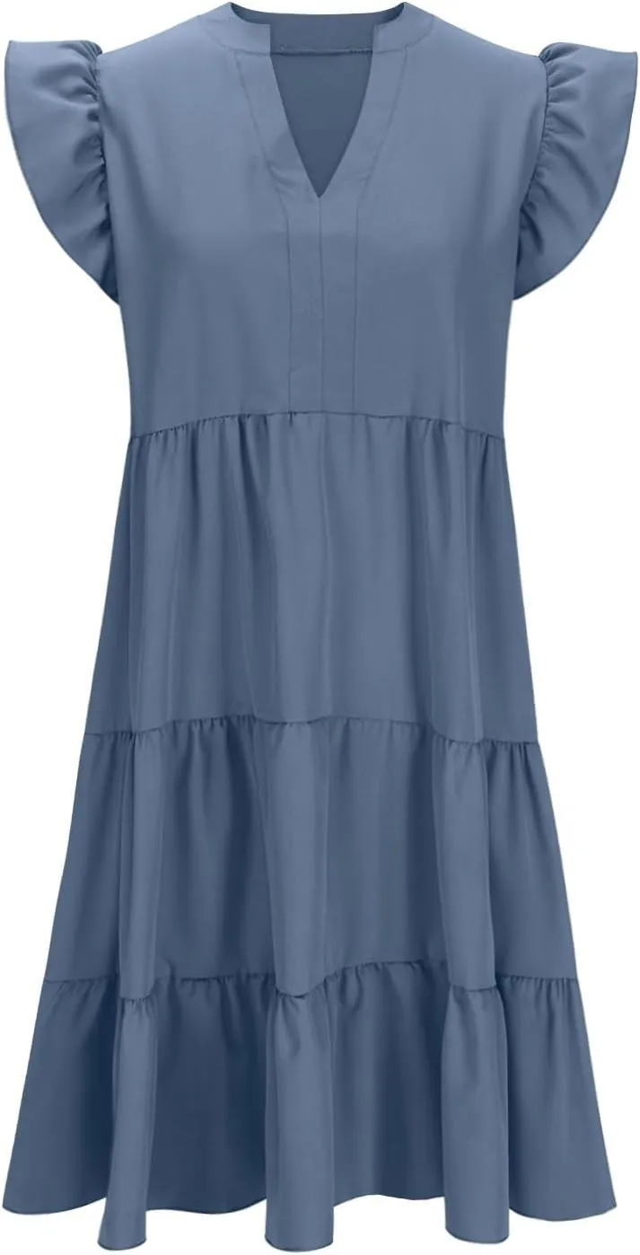yardsong Summer Dresses for Women 2025 Trendy Ruffle Sleeve V Neck Midi Dress Casual Flowy Tiered Boho Vacation Sundresses