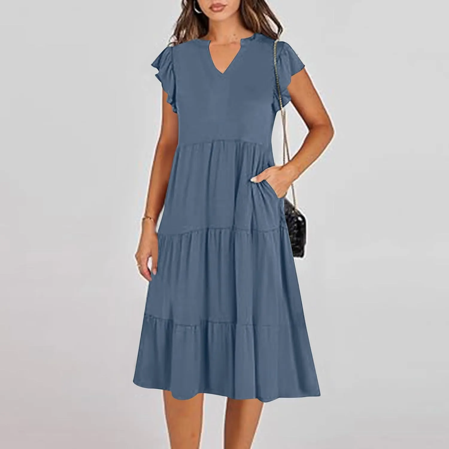 yardsong Summer Dresses for Women 2025 Trendy Ruffle Sleeve V Neck Midi Dress Casual Flowy Tiered Boho Vacation Sundresses