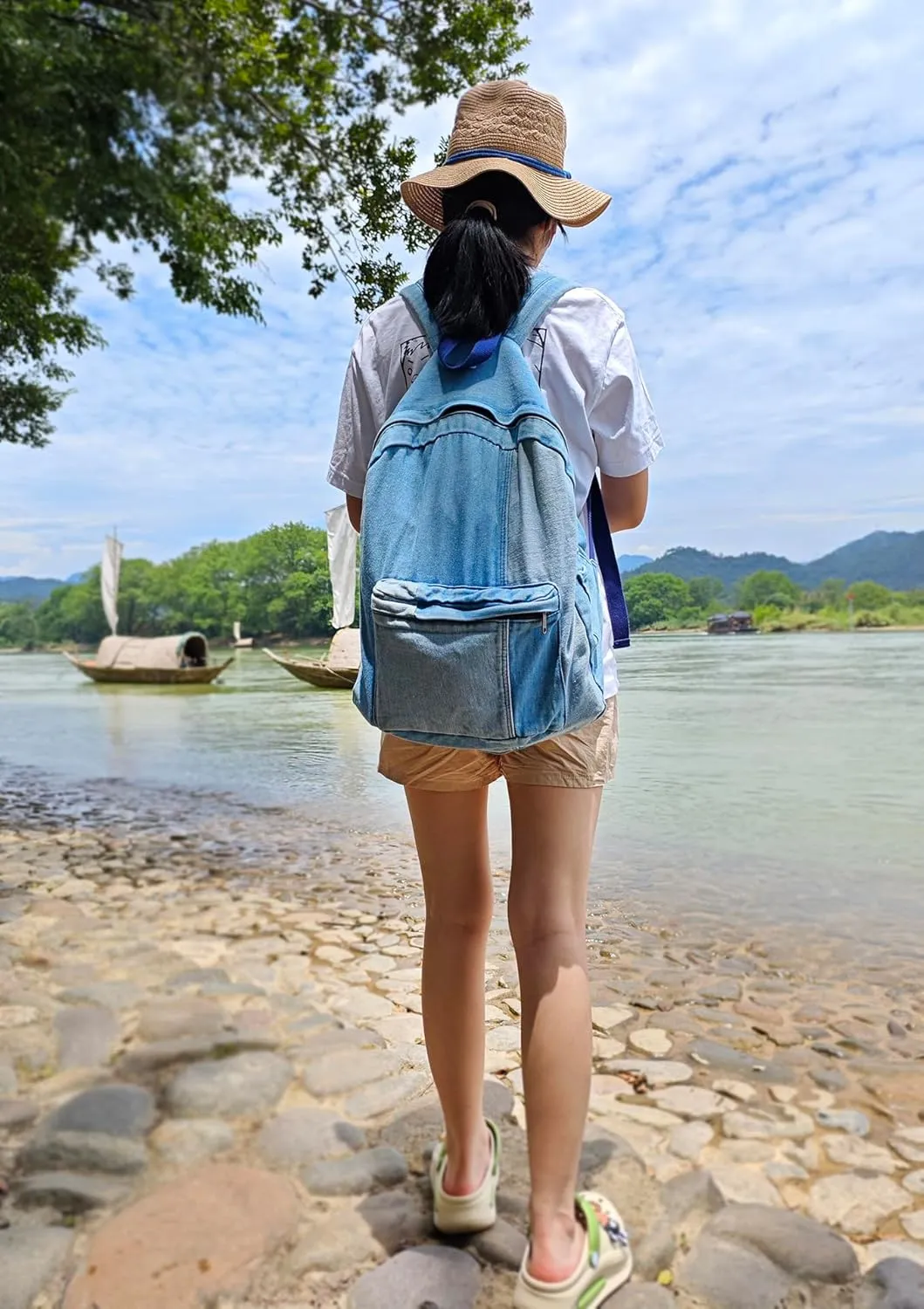 YunZh Denim Backpack Casual Style Lightweight Jeans Backpacks Classic Retro Travel Daypack