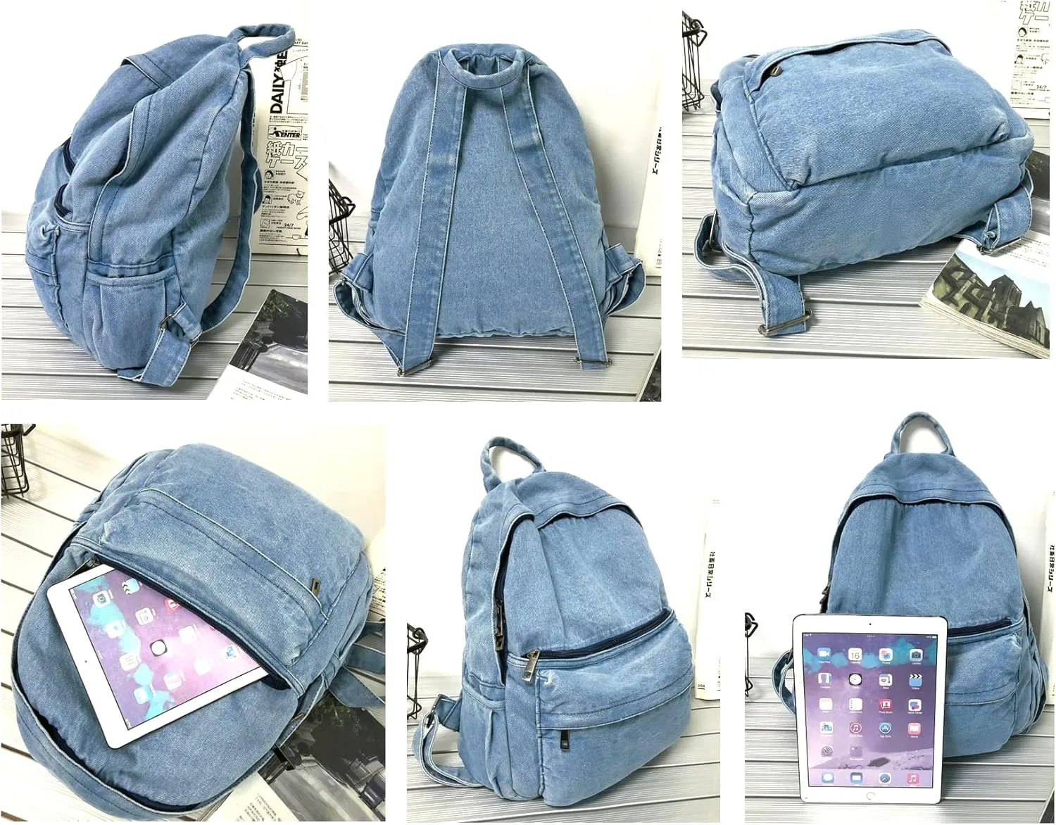 YunZh Denim Backpack Casual Style Lightweight Jeans Backpacks Classic Retro Travel Daypack