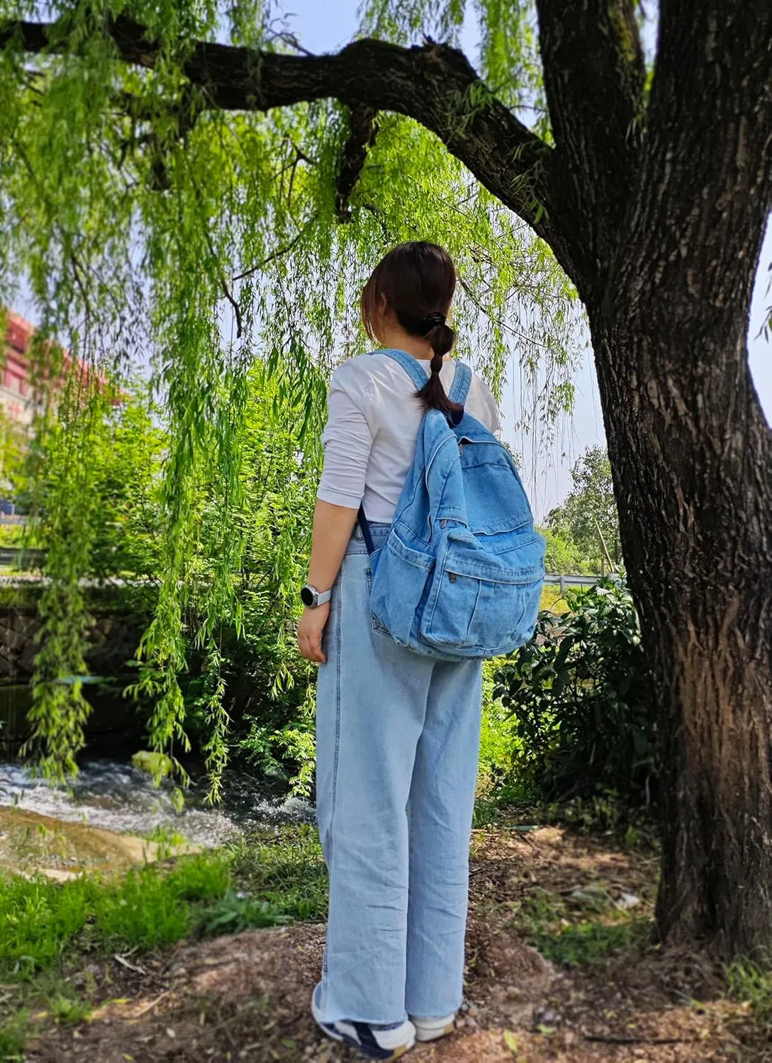 YunZh Denim Backpack Casual Style Lightweight Jeans Backpacks Classic Retro Travel Daypack