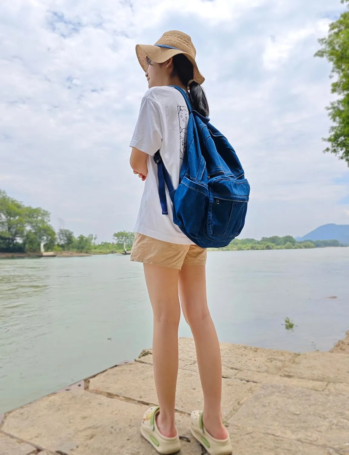 YunZh Denim Backpack Casual Style Lightweight Jeans Backpacks Classic Retro Travel Daypack