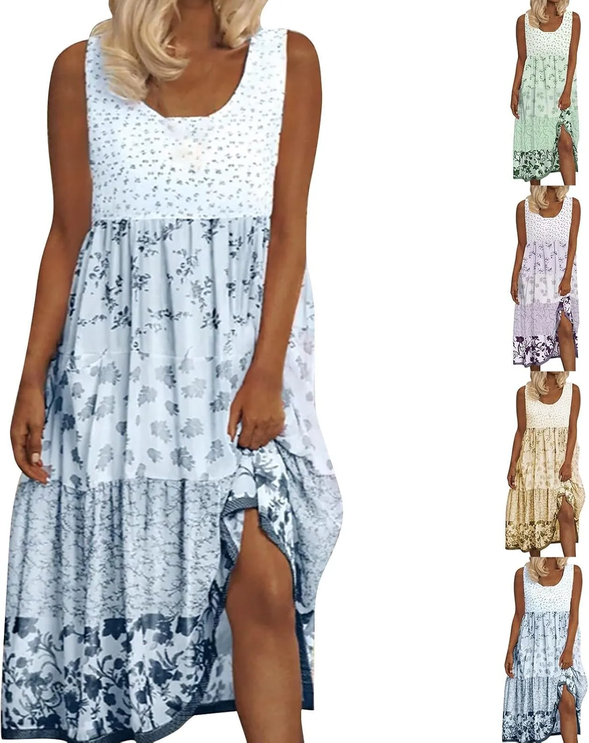 ZYXTIM Bohemian Dress for Women Floral U Neck Sleeveless Smocked Sundresses Plus Size A Line Flowy Beach Long Dresses